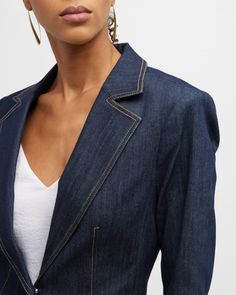 Cinq à Sept "Lou" denim blazer elevated by contrast topstitching and split tie cuffs    Approx. 26"L from shoulder to hem    Notched lapels; button front    Long sleeves; approx. 32.0"L    Princess seams    Tailored fit    Front flap pockets    Cutaway front    Hits below the hips    Cotton/polyester/elastane    Lining: Polyester    Dry clean    Imported Cinq A Sept, Denim Blazer, Princess Seam, Jean Outfits, Neiman Marcus, Tops Designs, Split, Long Sleeves, Cuff