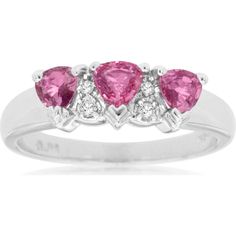 Royal 14K White Gold Pink Sapphire & Diamond Three Stone Ring - 1.00 Carat Sapphire, 0.05 Carat Diamond Total Weight Formal Pink Birthstone Ring With Gemstone, Pink Birthstone Ring With Gemstone For Formal Occasions, Pink Gemstone Birthstone Ring For Formal Occasions, Formal Pink Gemstone Birthstone Ring, Pink Brilliant Cut Sapphire Ring In Fine Jewelry Style, Pink Brilliant Cut Sapphire Ring Fine Jewelry, Elegant Pink Sterling Silver Diamond Ring, Formal Pink Ruby Ring With Brilliant Cut, Formal Pink Diamond Ring With Gemstone