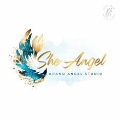 she angel logo with gold and blue feathers on the bottom right hand corner, which reads brand angel studio