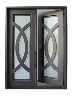 a black double door with glass panels