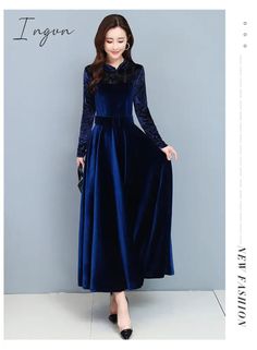 Brand Name: IngvnSilhouette: A-LINEOrigin: CN(Origin)Season: WinterNeckline: O-NeckSleeve Style: RegularDecoration: SashesStyle: vintageDresses Length: Mid-CalfMaterial: VelvetAge: Ages 35-45 Years OldProfile Type: AModel Number: WDR4858Closure Type: PulloverSleeve Length(cm): FullType: RegularRelease Date: Winter Fabric Type: VelvetGender: WOMENMaterial Composition: Synthetic FiberWaistline: empirePattern Type: Solid Elegant Blue Winter Maxi Dress, Elegant Blue Maxi Dress For Winter, Winter Party Non-stretch Maxi Dress, Winter Banquet Dress In Maxi Length, Winter Banquet Maxi Dress, Non-stretch Formal Dresses For Winter, Long Blue Winter Dress, Non-stretch Formal Winter Dresses, Winter Floor-length Maxi Dress For Banquet