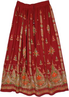 An Indian-style festival skirt in soft rayon fabric with golden, orange, and green printed ethnic motifs and sequin details.  This charming scarlet red skirt features floral block motifs with a golden outline, and the motifs are further decorated with sequins that enhance the look. #tlb #Bells #Dance #Floral #Printed #Indian #FestivalSkirt #SequinedSkirt #IndieSkirt Festive Bohemian Cotton Skirt, Traditional Multicolor Maxi Skirt For Festivals, Festive Bohemian Embroidered Skirt, Summer Festive Bollywood Skirt, Bohemian Skirt For Festive Occasions, Bollywood Style Summer Festive Skirt, Red Flowy Maxi Skirt For Festival, Festive Red Bottoms For Festivals, Red Embroidered Skirt For Festival