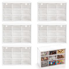 six clear storage bins with dividers on each side and four different compartments in the middle