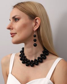 *ready to ship *women necklace & earri̇ng Evening Black Bead Drop Earrings, Black Beaded Round Earrings, Black Round Beads Jewelry For Gifts, Black Dangle Necklaces For Party, Elegant Black Round Beads Jewelry, Elegant Black Round Beaded Jewelry, Black Drop Earrings For Pierced Ears, Black Necklaces With Matching Earrings For Party, Black Jewelry With Matching Earrings For Jewelry Making