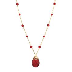 You'll love the red simulated crystal beads that add a lovely finishing touch to this simple, yet stylish piece. You'll love the red simulated crystal beads that add a lovely finishing touch to this simple, yet stylish piece. NECKLACE DETAILS Drop length: 1.1 in. Chain length: 15 in. adjustable Metal: alloy Plating: gold tone Finish: polished Material: glass Clasp: lobster claw Not appropriate for children 14 years old and younger. Size: One Size. Gender: female. Age Group: adult. Red Jewelry With Lobster Clasp For Party, Red Party Jewelry With Lobster Clasp, Elegant Red Faceted Necklace, Formal Red Faceted Jewelry, Red Faceted Pendant Necklace, Elegant Red Gold Plated Necklace, Red Faceted Pendant Necklaces, Elegant Red Gold-plated Necklace, Elegant Red Necklace For Festive Occasions