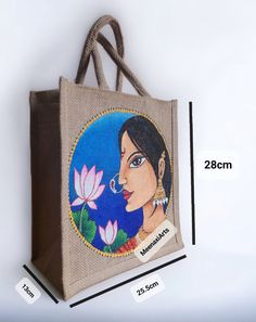 a bag with an image of a woman holding a flower on the front and side