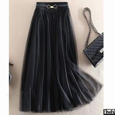 Fisdy - Falda midi de talle alto con capas de malla transparente de diseño y pliegues Black Pleated Midi Skirt, Brown Leather Skirt, Tulle Long Skirt, Pleated Chiffon Skirt, High Waisted Pleated Skirt, Lace Midi Skirt, Skirts Midi High Waisted, Pleated Chiffon, Pleated Maxi Skirt