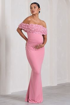 Both timeless and sophisticated. Inflorescence is a must-have maxi dress for any maternity wardrobe. Crafted in a premium stretch jersey known for its sculpting abilities. this form-flattering piece is defined by an artful array of mesh flowers across its bardot neckline. For an unforgettable wedding guest attire. try styling this fishtail maxi with some strappy heels and a classic sleek bun. Features - Premium stretch jersey - Bardot neckline- Floral mesh detail - Invisible zip closure - Bump ruching- Fishtail skirt- Maxi length Sizing & Fit Model is 5'8.5" and wears UK size 8 / US size 4 Product Information Designed exclusively by Club L London Double layered with good stretch Premium jersey & mesh in Blush Pink (95% Polyester. 5% Elastane) 153cm total length SKU: CL129851081 Elegant Pink Maxi Maternity Dress, Elegant Pink Maxi Length Maternity Dress, Spring Floor-length Maternity Dress, Pink Maxi Length Maternity Dress, Fitted Pink Maxi Maternity Dress, Elegant Pink Maternity Maxi Dress, Elegant Pink Maternity Dress, Pink Maxi Maternity Dress, Pink Fitted Maternity Maxi Dress