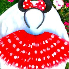 a minnie mouse hat and red dress with white polka dots on it, sitting in the grass