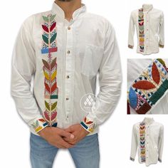 Mexican Artisan Shirt type Guayabera long sleeve. Typical Mexican design. Embroidered by our artisans Chiapanecas by hand on blanket fabric. Artisanal design work that, although they follow the same pattern, the colors of the embroidery of the shirts can vary from piece to piece. Material: blanket (cotton). Sizes: CH, M, G and EG. Primary color: black and white. Multicolor embroidery by hand. The availability of colors and sizes is limited, images are just examples to illustrate how it is shaped Embroidery By Hand, Mexican Shirt, Multicolor Embroidery, Blanket Fabric, Mexican Shirts, Artisanal Design, Mexican Embroidery, Mexican Designs, Cotton Blankets