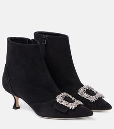 Baylow Embellished Suede Ankle Boots in Black - Manolo Blahnik | Mytheresa Chic Embellished Heeled Boots For Evening, Chic Embellished Heeled Boots For Formal Occasions, Fall Embellished Heeled Boots For Formal Occasions, Formal Embellished Ankle Boots, Fall Formal Embellished Heeled Boots, Elegant Heeled Boots With Rhinestones For Evening, Elegant Evening Boots With Buckle Closure, Formal Embellished Heeled Boots With Round Toe, Elegant Embellished Ankle Heeled Boots