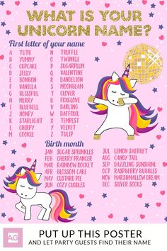 a unicorn poster with the words what is your unicorn name?