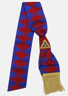 Royal Arch Provincial Sash is worn by the Provincial Officers at lodge investiture ceremonies, meetings and special occasions. It is superbly designed by the master craftsmen. This masonic sash is in red and blue colour with elegant hand embroidered tau. The freemasons can embellish their regalia after wearing this beautiful sash over masonic attire. It is made with premium quality of fabric. Triangle Tau is elegantly crafted in blue and golden bullion material on the perfectly finished surface Masonic Order, Investiture Ceremony, Bullion Embroidery, Diamond Red, Jacket Pins, Gold Fringe, Gold Bullion, New Crafts, Gold Branding