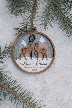 a wooden ornament hanging from a pine tree with the name lama's aurora on it