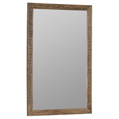 a wooden framed mirror on a white background