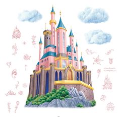 a drawing of a pink castle with blue turrets