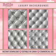 a pink and silver background with four different styles of upholstered leathers in the middle