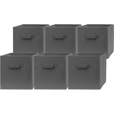 six gray storage bins with handles on each side