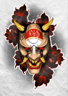 a drawing of a demon mask with horns and fangs on it's face, surrounded by red flowers