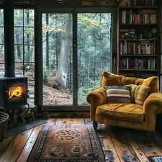 a living room filled with furniture and a fire place next to a book shelf full of books