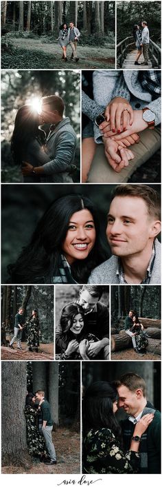 a collage of photos with people in the woods and one person holding his hand