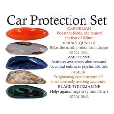 The car protection crystals set includes 5 crystals, a bag, card, a gift box and more. Just place this set somewhere in your car. Maybe near the driver's seat. This set includes: * 5 crystals - Carnelian, smoky quartz, amethyst, jasper and black tourmaline. * Information card about the crystals like the one in the title photo of the listing. * Velvet bag for your stones. * Gift card (optional). * Everything is packed in an elegant box with a ribbon ready to be given as a gift. * Stones size 0,75 Crystals And Stones For Protection, Black Magic Protection Crystals, Healing Stones And Crystals Meanings, Crystal Pairings, Crystals Protection, Crystal Combinations, Best Healing Crystals, Family Protection, Crystal Healing Chart