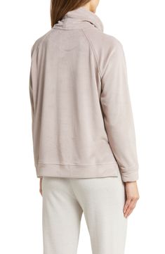 A funnel neck lends extra coverage to this luxuriously soft pullover that turns any evening at home into an indulgent occasion. 23" length (size Medium) Funnel neck 95% polyester, 5% spandex Machine wash, tumble dry Imported Funnel Neck Top For Loungewear, Chic Winter Loungewear Sweatshirt, High Neck Top With Ribbed Cuffs For Loungewear, Chic Cozy Fit Tops For Loungewear, Elegant Crew Neck Sweater For Loungewear, Turtleneck Sweatshirt For Loungewear, Cozy Funnel Neck Sweatshirt For Loungewear, Soft Texture Tops For Fall Relaxation, Cozy High Neck Top For Loungewear