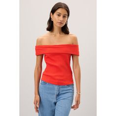 Red knit (56% Cotton, 40% Polyester, 4% Elastane). Top. Cap sleeves. Off the shoulder neckline. Pull-on closure. 22" from shoulder to hemline. Imported. Fitted Knit Off-shoulder Top, Fall Off-shoulder Red Tops, Red Off-shoulder Tops For Fall, Fall Season Red Off-shoulder Tops, Spring Fitted Off-shoulder Knit Top, Red Fitted Off-shoulder Top, Elegant Ribbed Off-shoulder Tops, Red Off-shoulder Tops, Ribbed Stretch Off-shoulder Top