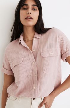 Made of supersoft (and best-selling) Lightspun double-layered cotton gauze, this button-up shirt has utilitarian rolled sleeves and flap pockets. But it feels like wearing a cloud. Easy and relaxed, it's an all-day kind of top. 27" front length; 29 1/2" back length (size Medium) Spread collar Short sleeves 100% cotton Machine wash, tumble dry Imported Madewell Shirts, Front Tie Shirt, Rolled Sleeves, Fit Body, Pocket Shirt, Madewell Denim, Short Sleeve Button Up, High Point, Crop Shirt