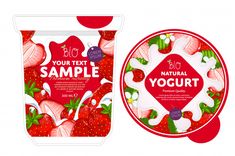 the packaging for yogurt with strawberries and leaves