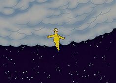 a cartoon character is floating in the water under a cloudy sky with white dots on it