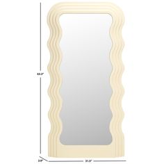 a large white mirror with wavy lines on the bottom and sides, measurements for each piece