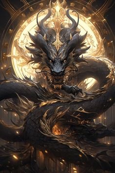 a dragon is sitting in front of a golden circle with an intricate design on it