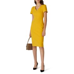 Mustard yellow crepe (63% Polyester, 32% Viscose, 5% Elastane). Sheath. Short sleeves. V-neckline. 40" from shoulder to hemline. Imported. Chic Yellow Sheath Dress, Sheath V-neck Dress For Summer Workwear, Spring Office Sheath V-neck Dress, Yellow Shift Dress, Knee-length, Yellow Dress Cap Sleeve Banana Republic Short, Rent The Runway, Closet Designs, Mustard Yellow, Sheath Dress