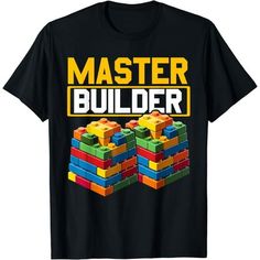 a black t - shirt with the words master builder in front of some legos