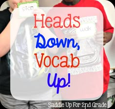 two children are holding up their headphones with the words heads down, vocab up