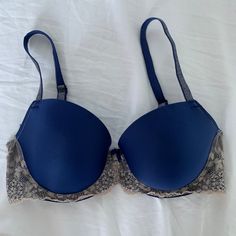 Victoria's Secret Angels Demi Cup Bra. Blue With Cream Lace Detail On Band And Cream Sparkle Detail On Adjustable Straps. 34d Victoria's Secret Angels, Blue Lace Bra, Demi Cup Bra, Hot Blue, Demi Cup, Blue Bra, Victoria Secret Angels, Cup Bra, Cream Lace