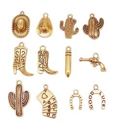 several different types of charms with cactus, cowboy boots and other things in them on a white background