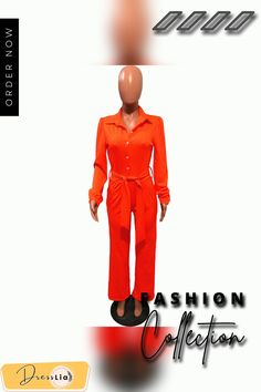 Casual Shirt Collar High Waist Wide Leg Jumpsuit with Belt Fitted Orange Jumpsuits And Rompers For Fall, Casual Long Sleeve Belted Jumpsuits And Rompers, Fitted Orange Jumpsuits And Rompers For Work, Fitted Orange Jumpsuits For Work, Orange Jumpsuits And Rompers For Work, Orange Long Sleeve Jumpsuit For Fall, Casual Collared Jumpsuits And Rompers For Work, Trendy Collared Jumpsuits And Rompers For Summer, Red Long Sleeve Jumpsuits And Rompers For Summer