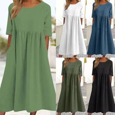 Top Rated Ladies Summer Casual Pullover Midi Dress Women Holiday Plain Pleated Swing Dress, Stunning Womens Dresses Casual Cotton Dress In Solid Color, Casual Cotton Solid Color Dress, Casual Solid Color Cotton Dress, Casual Half Sleeve Solid Color Dress, Casual Green Half Sleeve Midi Dress, Casual Green Short Sleeve Midi Dress, Casual Green Midi Dress With Half Sleeves, Casual Half Sleeve Spring Dresses, Cotton Shift Midi Dress In Solid Color