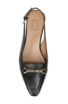 A glossy chain ornament shines on the vamp of this leather slingback sandal framed by a pointy apron toe and flared block heel. 1 1/4" heel Contour+ Comfort technology Leather upper/synthetic lining and sole Imported Elegant Formal Sandals With Gold-tone Hardware, Pointed Toe Slingback Pumps With Chain Strap, Formal Sandals With Chain Strap For Spring, Slingback Pumps With Chain Strap For Parties, Party Slingback Pumps With Chain Strap And Pointed Toe, Party Slingback Pumps With Chain Strap, Formal Sandals With Gold-tone Hardware And Block Heel, Formal Heels With Chain Strap And Square Toe, Elegant Slingback Sandals With Block Heel For Work