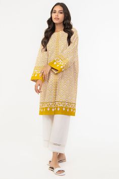 Alkaram SLRK-29-22-4-Yellow Printed Khaddar Shirta 2022 Yellow Dabka Kurta For Eid, Unstitched Yellow Kurta With Block Print, Yellow Straight Kurta Set With Printed Motifs, Yellow Kurta With Printed Motifs, Festive Yellow Printed Kurta, Traditional Printed Yellow Tops, Yellow Long Sleeve Top With Chikankari Embroidery, Festive Yellow Cotton Top, Yellow Long Sleeve Sets For Summer