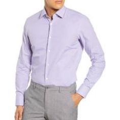 Sharp Fit - Spread Collar - Curved Cuffs - French Front - Mini Check/Dot Pattern - Curved Shirttails Fiber Content 100% Cotton Pastel Tone Sz 17 Purple Slim Fit Shirt For Spring, Fitted Purple Business Shirt, Fitted Cotton Dress Shirt For Fall, Purple Button-up Dress Shirt For Spring, Spring Office Dress Shirt, Relaxed Fit, Slim Fit Dress Shirt With Button Cuffs For Spring, Spring Slim Fit Dress Shirt With Button Cuffs, Slim Fit Dress Shirt For Spring Office Wear, Purple Shirt For Business Casual Spring