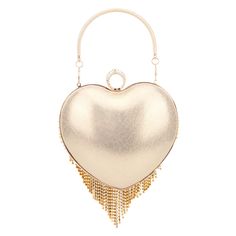 Steal the show with this gold-tone heart shaped clutch. Featuring a metal frame closure, this little gem can be used as a handbag and a shoulder bag.Height: 6"Length: 7"Depth: 2"Upper: Aluminium/ Glass Stone / PolyesterLining: 100% PolyesterGold HardwareClosure: Clasp Chic Gold Metal Evening Bag, Gold Metal Bag For Party, Gold Metal Party Bag, Glamorous Metal Evening Bag For Events, Gold Metal Evening Bag For Parties, Gold Metal Evening Bag With Chain Strap, Elegant Clutch For Valentine's Day Gift, Gold Metal Evening Bag For Events, Elegant Evening Clutch For Valentine's Day