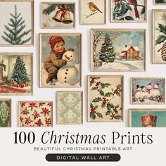 christmas prints are displayed on the wall