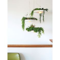 three hanging planters with plants in them on the wall above a green chair and table