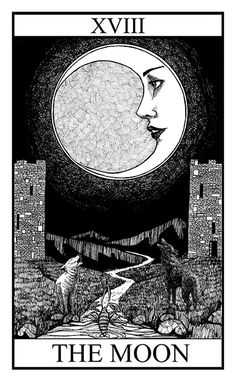 a black and white drawing of a woman's face with the moon above her head