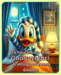 a cartoon ducky is sitting in bed with his hand up to the sky and smiling