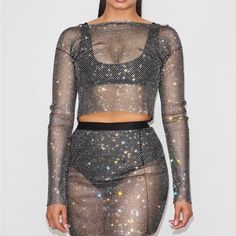 See Through Mesh Black Rhinestone Shirt. New With Tags. Fitted Shiny Tops For Night Out, Rhinestone Tops For Night Out Party Season, Rhinestone Tops For Party Season Night Out, Silver Rhinestone Tops For Party, Rhinestone Tops For Night Out And Party Season, Silver Party Tops With Rhinestones, Silver Rhinestone Party Tops, Glamorous Summer Tops With Rhinestones, Glamorous Shiny Tops For Night Out