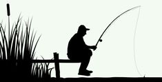 a man sitting on a bench fishing in the lake silhouetted against a white background